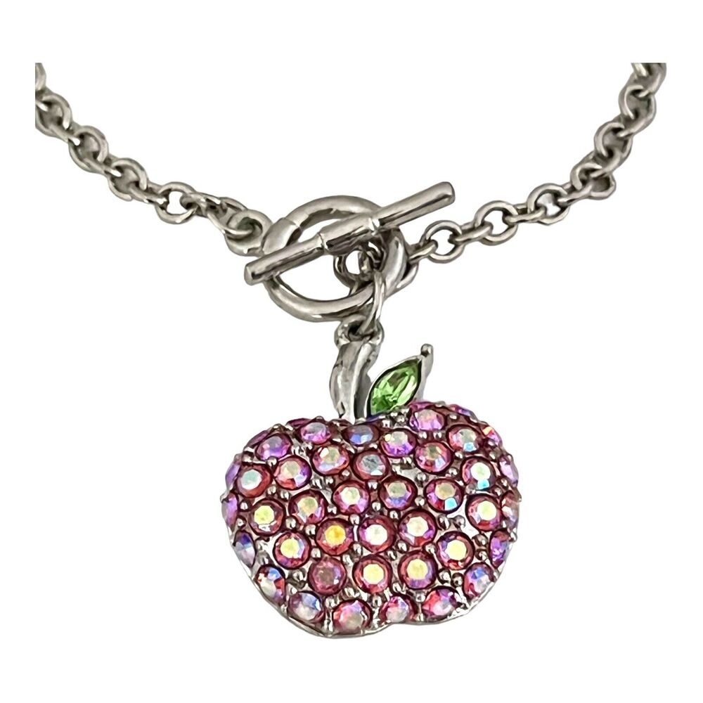 New Apple Charm Bracelet Silver Tone Crystal Toggle Teacher Gift - 11Y - Picture 4 of 4